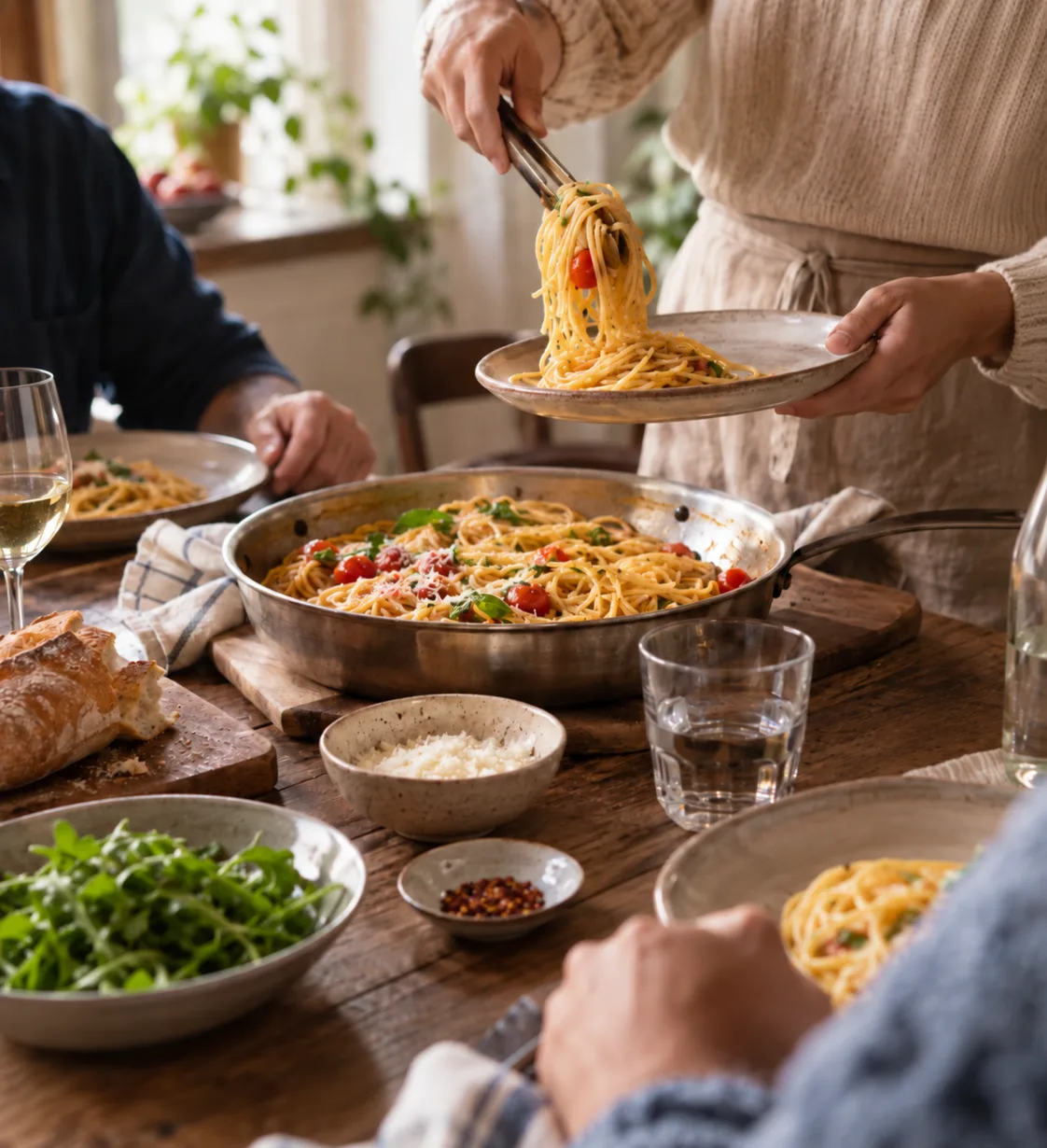 Italienisches Pasta-Essen am Familientisch
