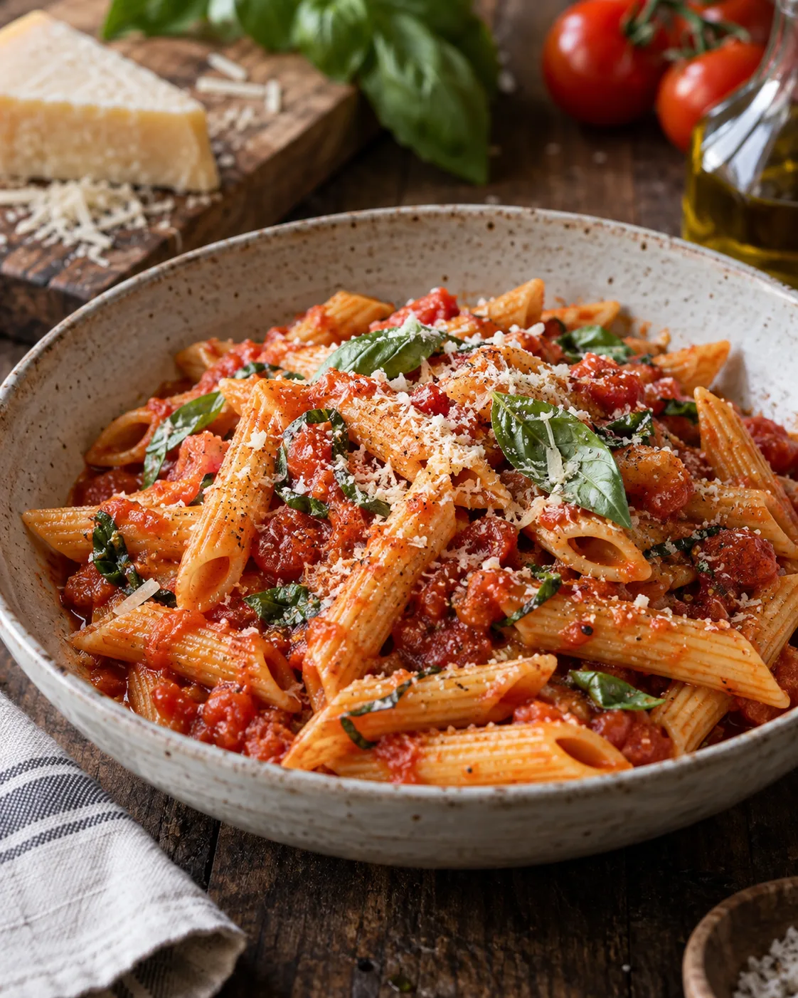 Einfache Penne mit Tomatensauce, Basilikum und Parmesan