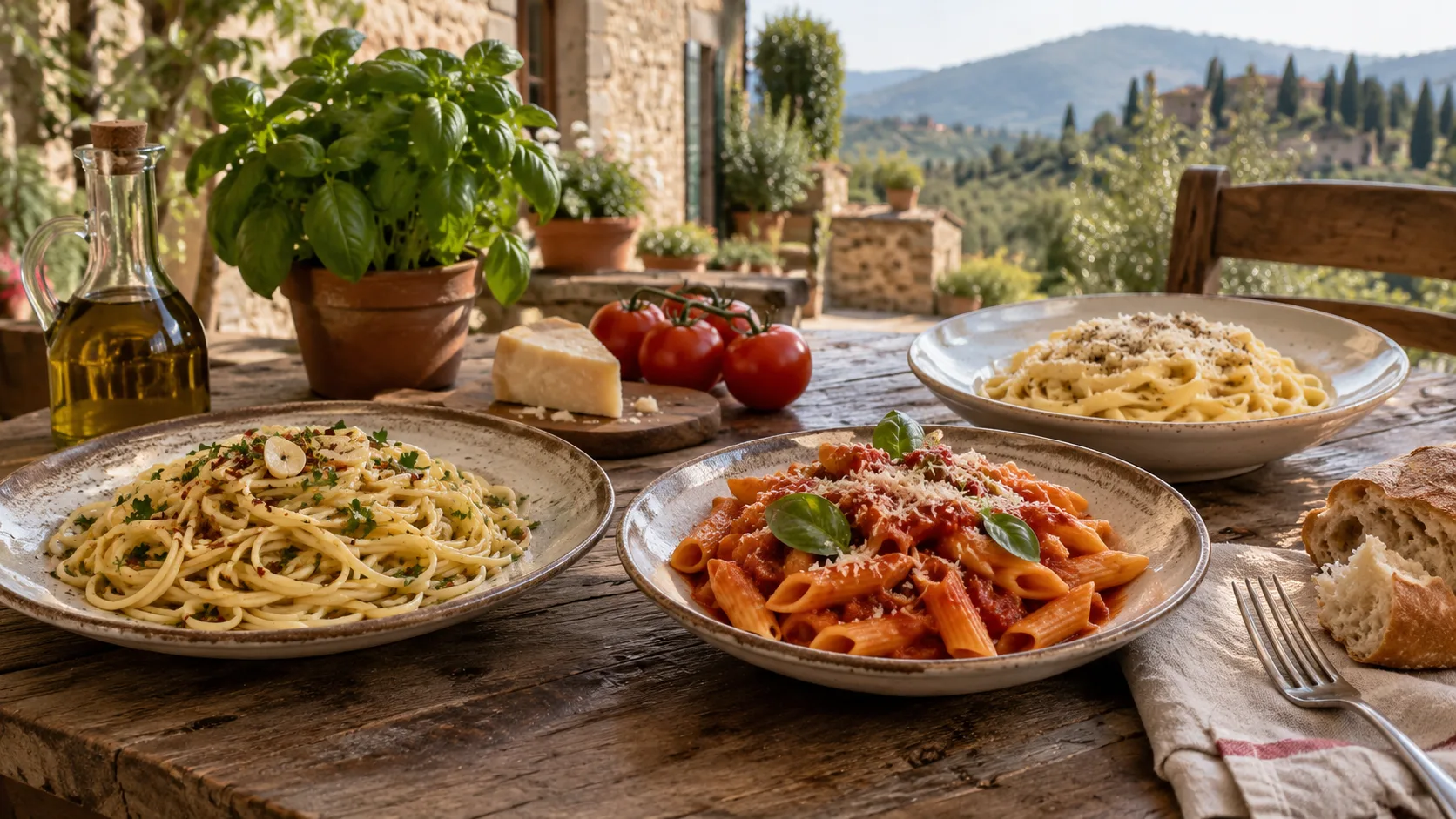 Einfache italienische Pasta Rezepte auf einem rustikalen Tisch