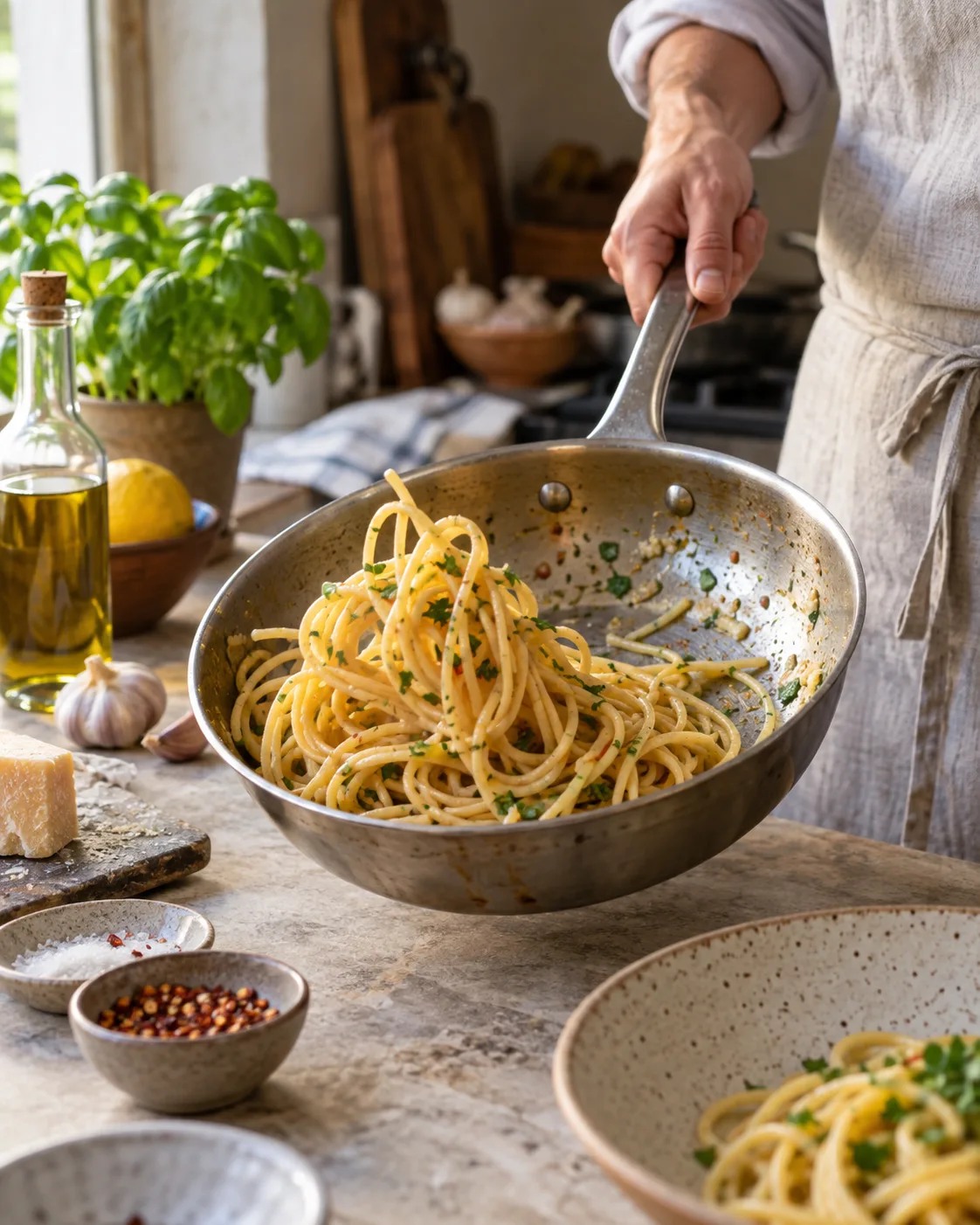 Pasta wird direkt in der Pfanne mit Sauce vermengt