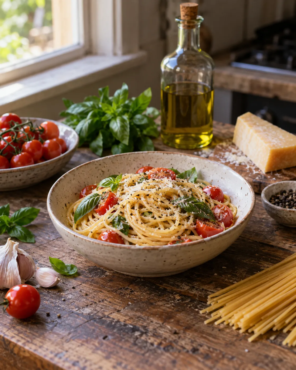 Einfache Pasta mit Tomaten, Basilikum und Parmesan