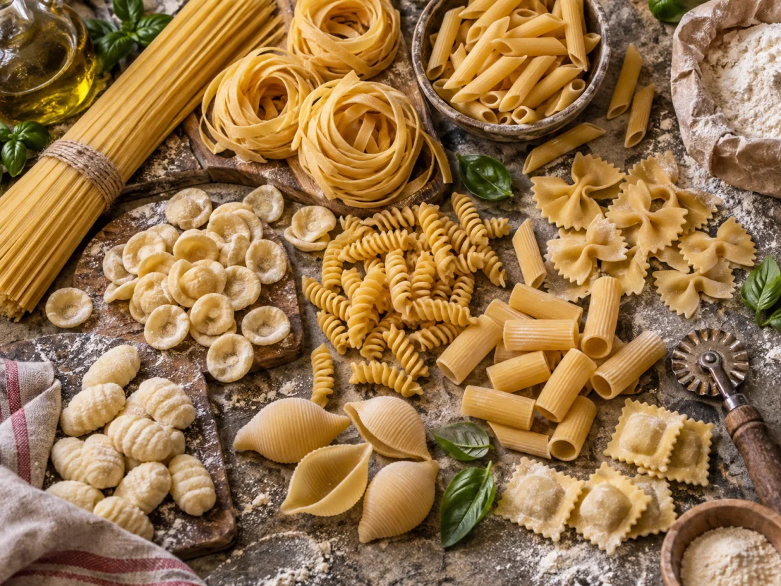 Verschiedene italienische Pastaformen von Spaghetti und Tagliatelle bis Orecchiette und Ravioli