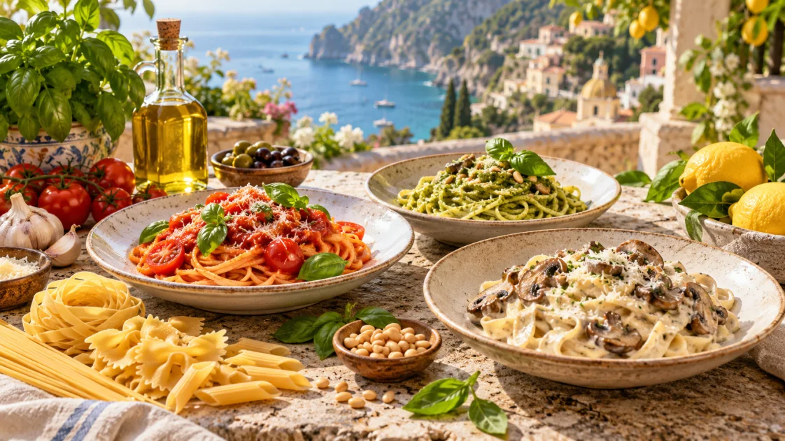 Drei italienische Pastagerichte mit Tomatensauce, Pesto und cremiger Pilzsauce