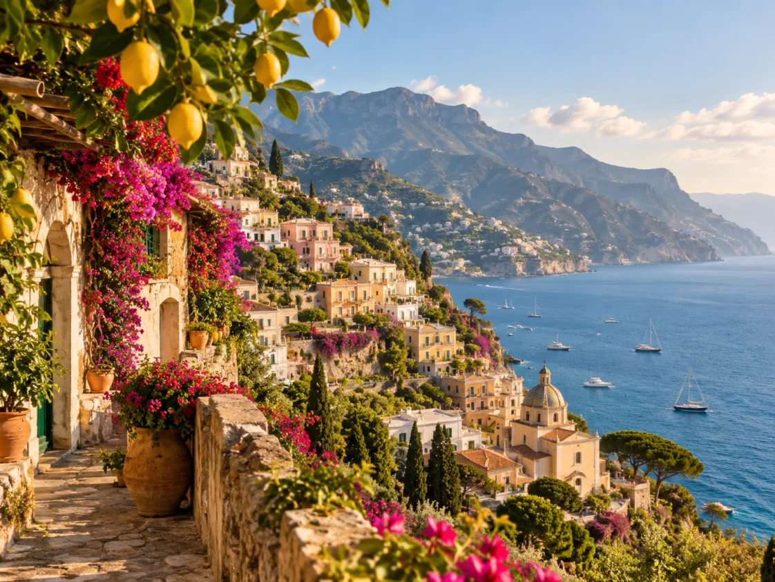Mediterrane italienische Küstenstadt mit Zitronenbäumen und Meer