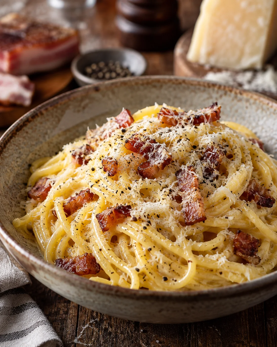 Klassische italienische Carbonara mit Pecorino und Pfeffer