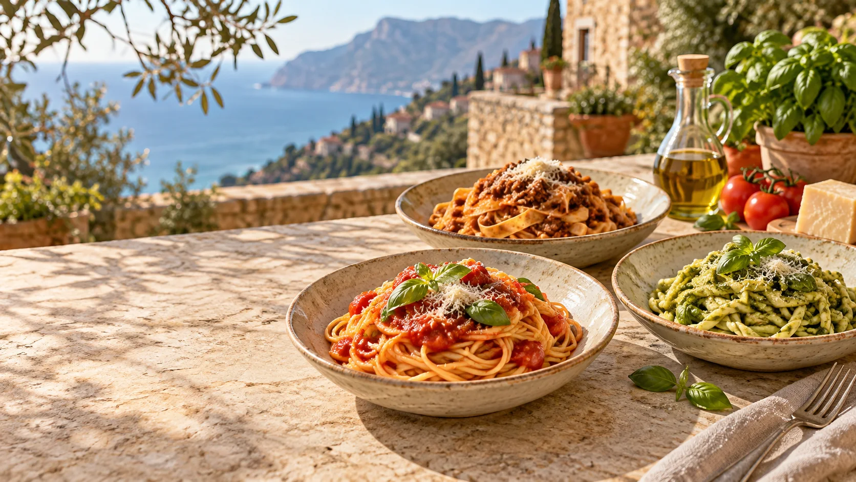 Drei italienische Pasta-Klassiker mit Tomatensauce, Ragù und Pesto