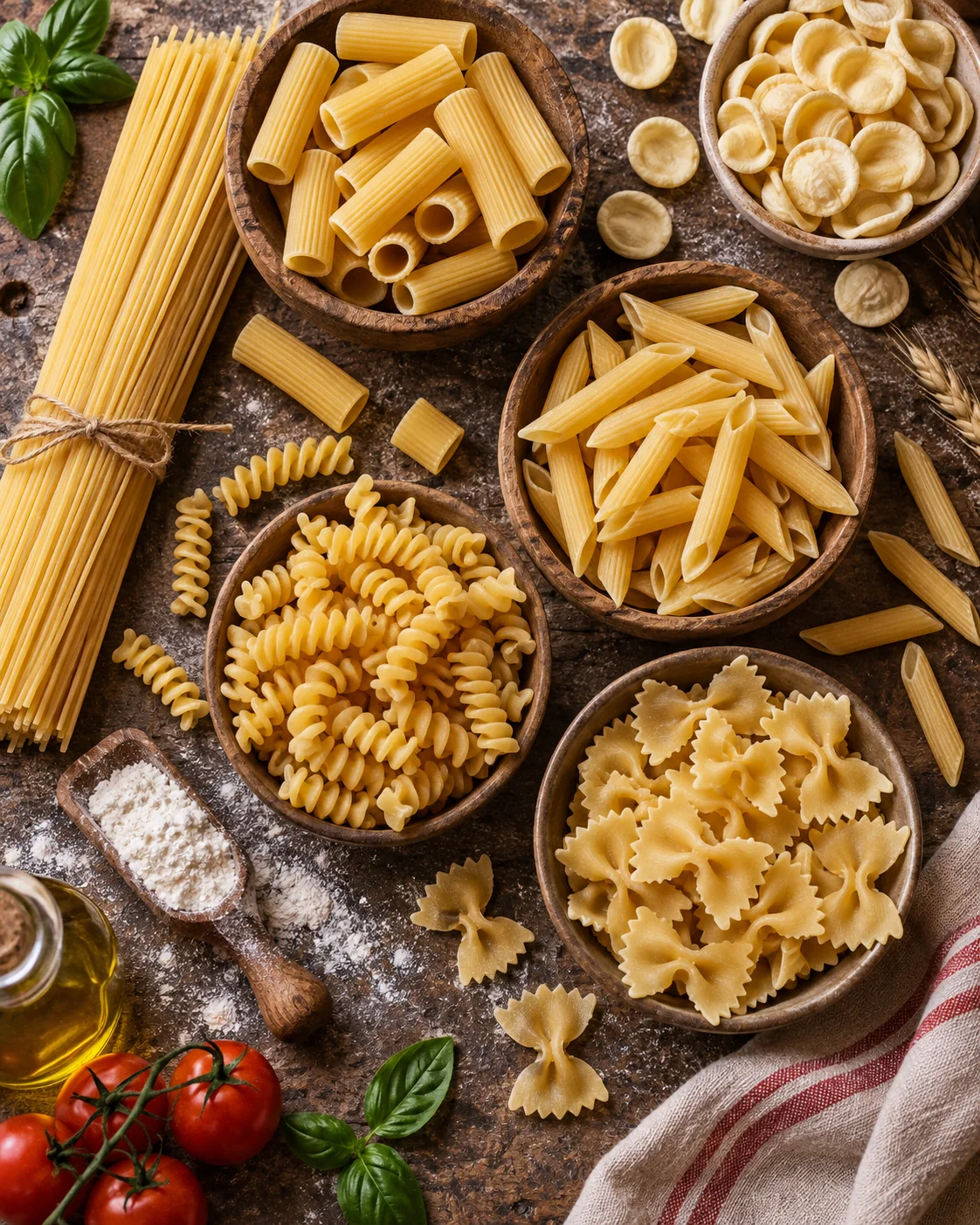 Italienische Pastasorten wie Spaghetti, Rigatoni und Orecchiette