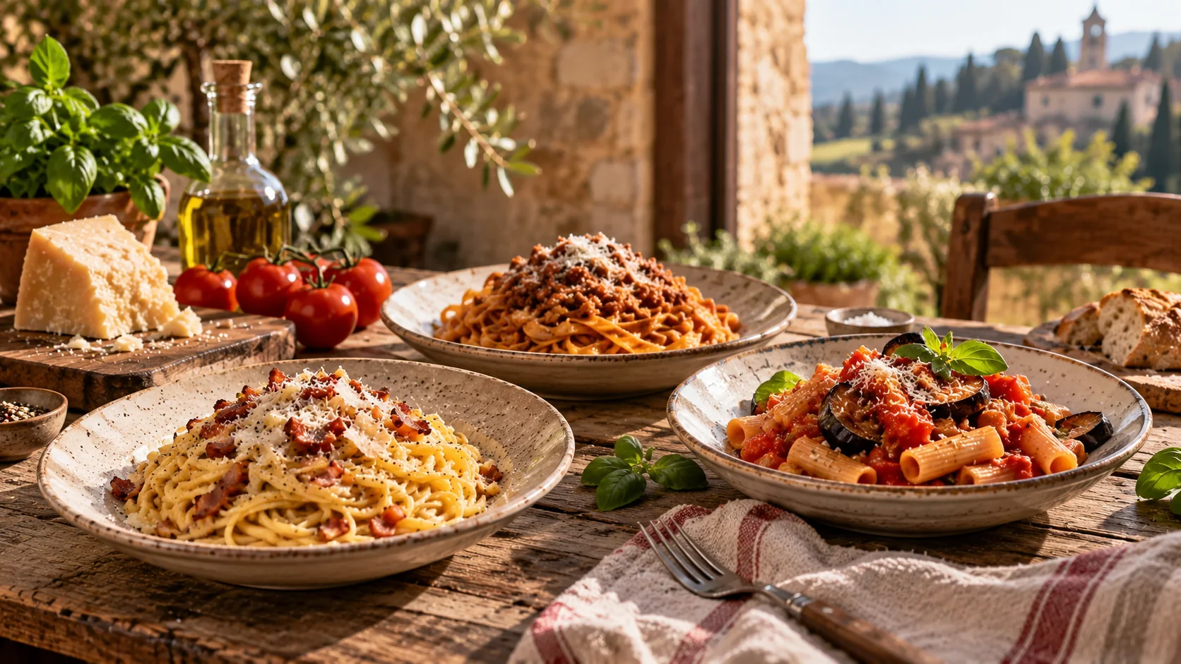 Italienische Pasta Gerichte mit Carbonara, Pasta alla Norma und Tagliatelle