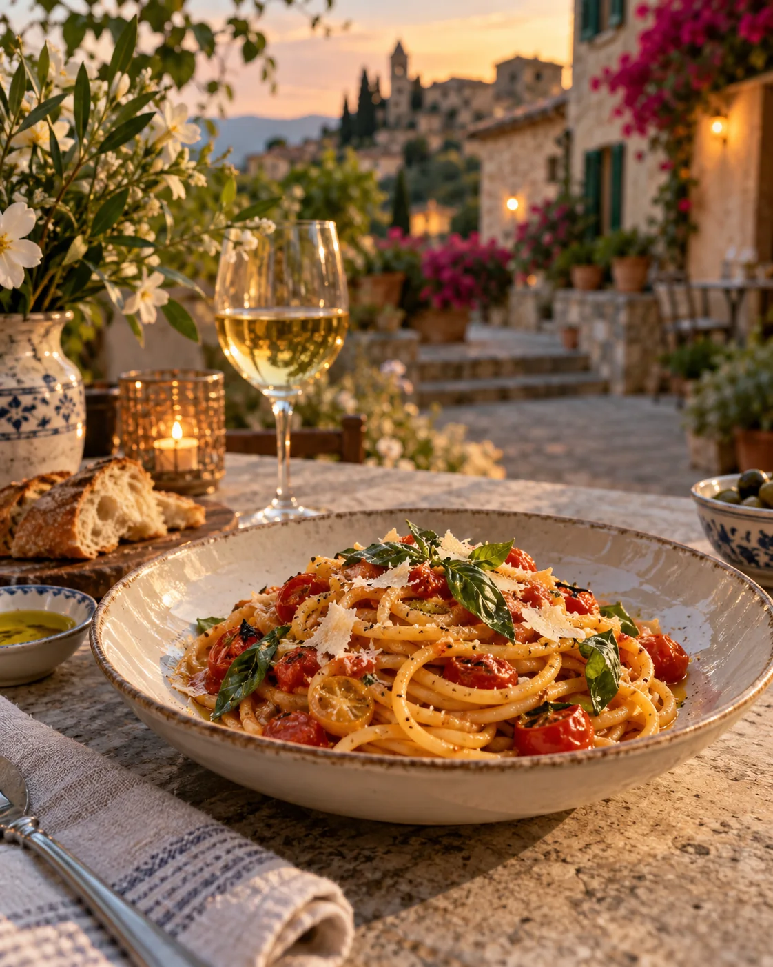 Italienische Pasta in mediterraner Atmosphäre
