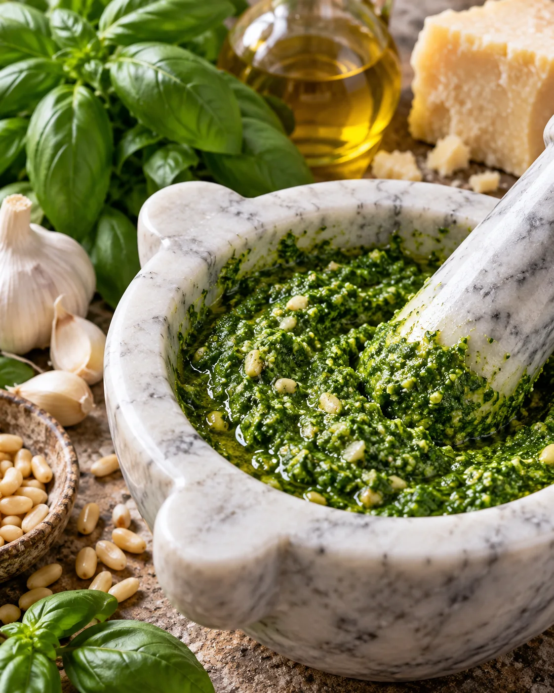 Pesto Genovese im Mörser mit Basilikum und Pinienkernen