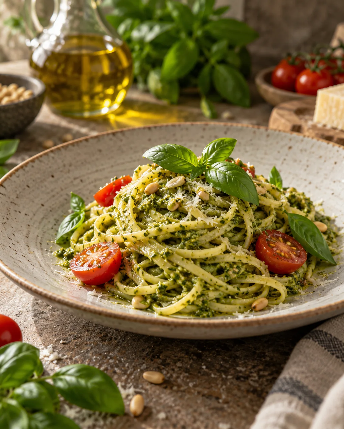 Pasta mit grünem Pesto, Tomaten und Pinienkernen