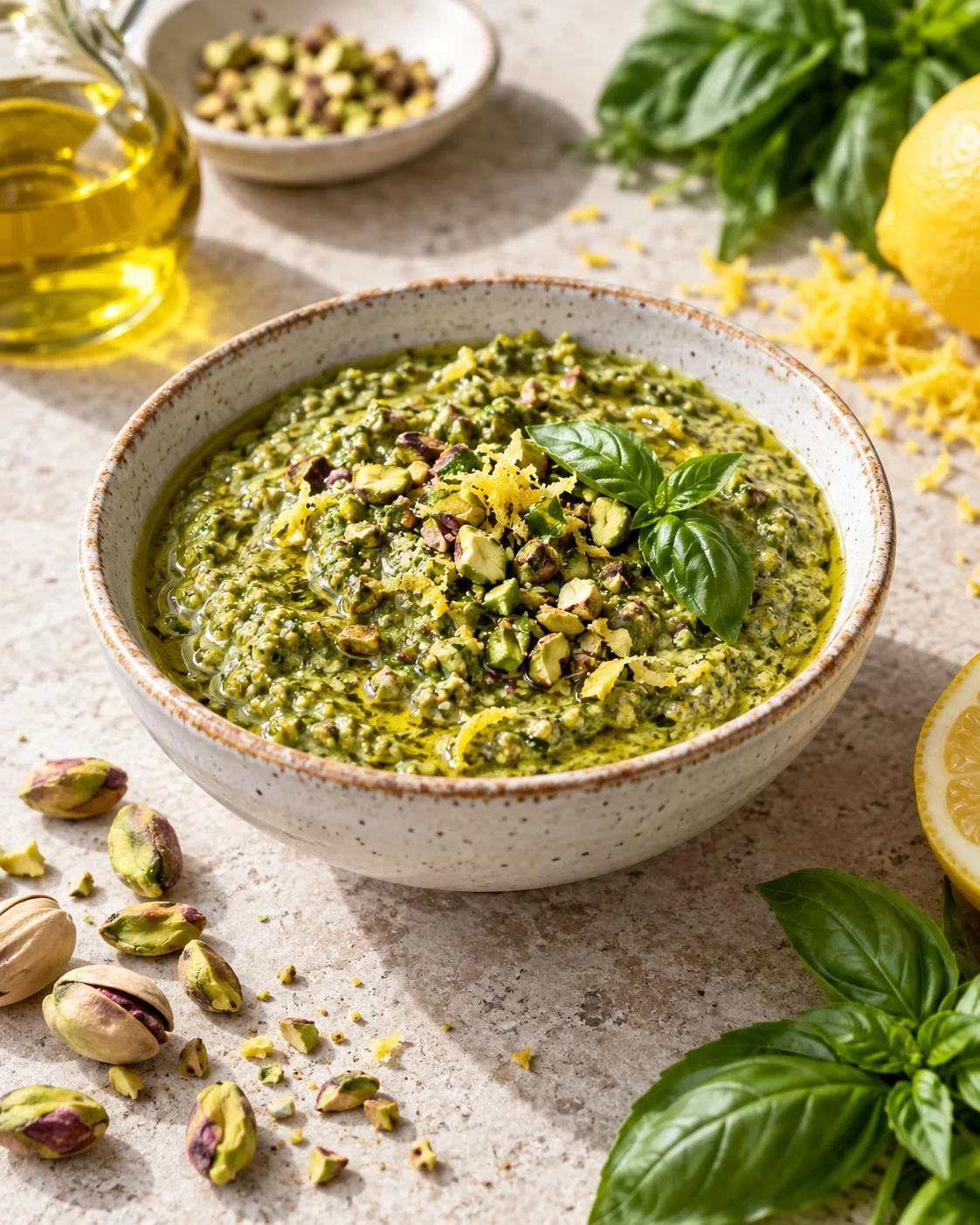 Pistazienpesto mit Zitronenzeste, Basilikum und Olivenöl