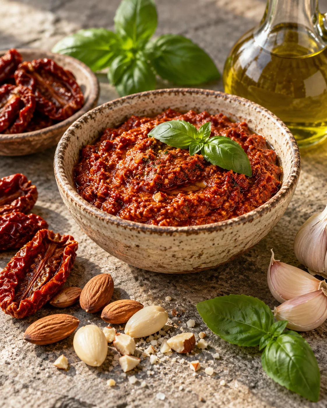 Pesto Rosso mit getrockneten Tomaten, Mandeln und Olivenöl
