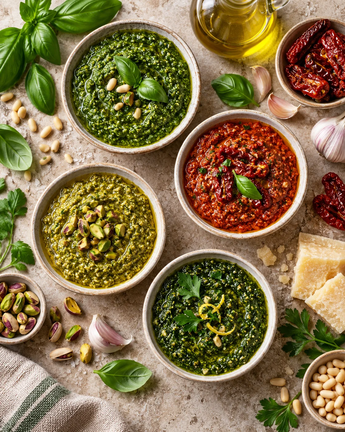 Grüne und rote italienische Pesto-Varianten in kleinen Schalen
