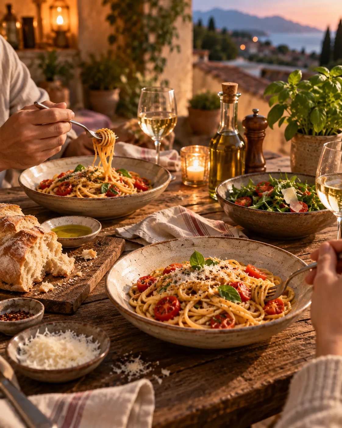 Schnelles italienisches Pasta-Abendessen bei Sonnenuntergang