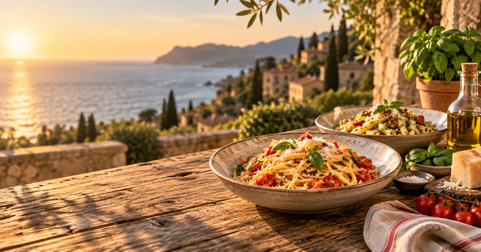 Schnelle italienische Pasta Rezepte auf einem mediterranen Tisch