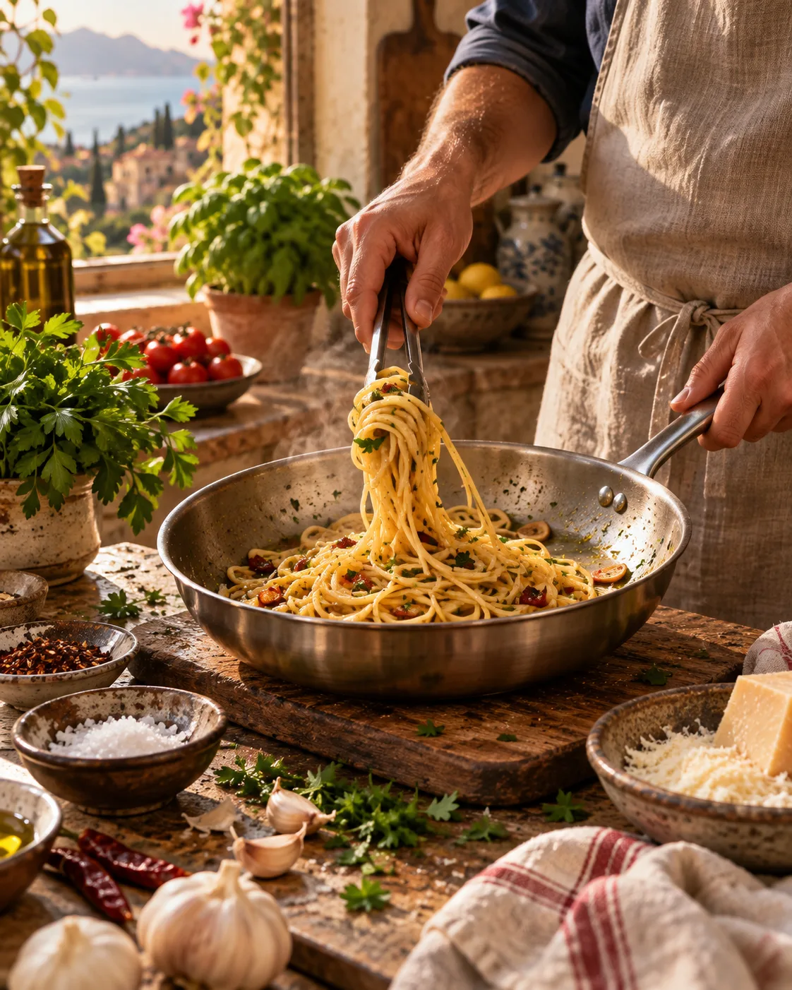 Schnelle Pasta wird direkt in der Pfanne fertiggestellt