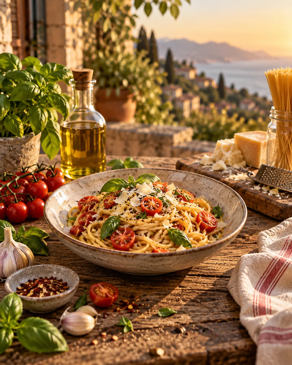 Schnelle Pasta mit Tomaten, Basilikum und Parmesan