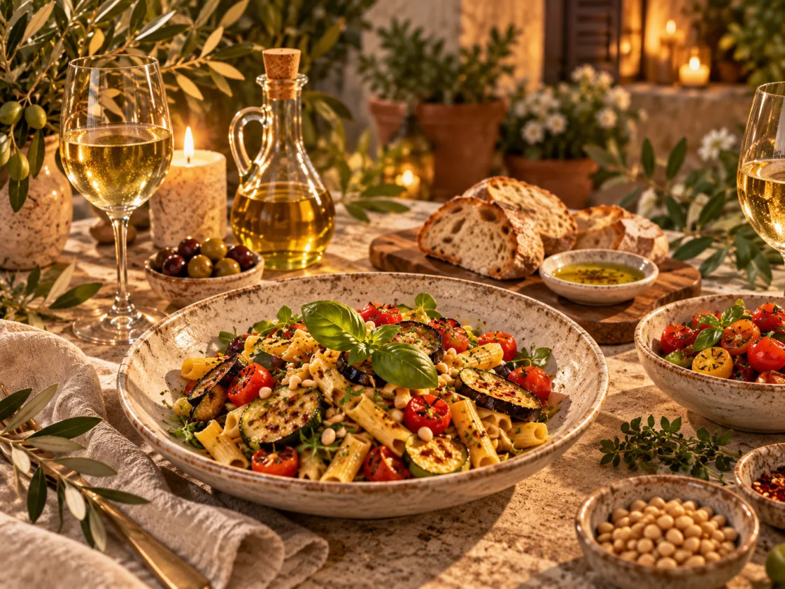 Veganes italienisches Pasta-Abendessen mit Gemüse