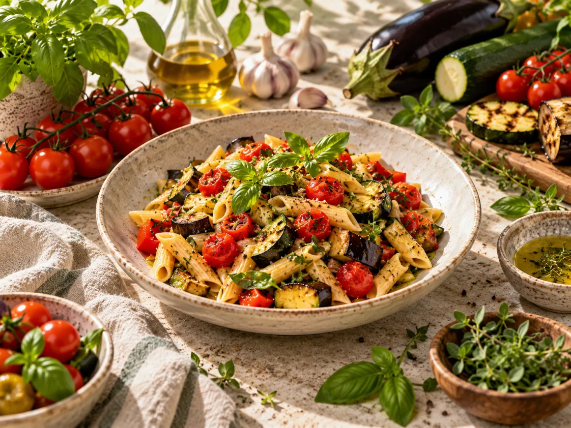 Vegane Pasta mit Aubergine, Zucchini und Tomaten