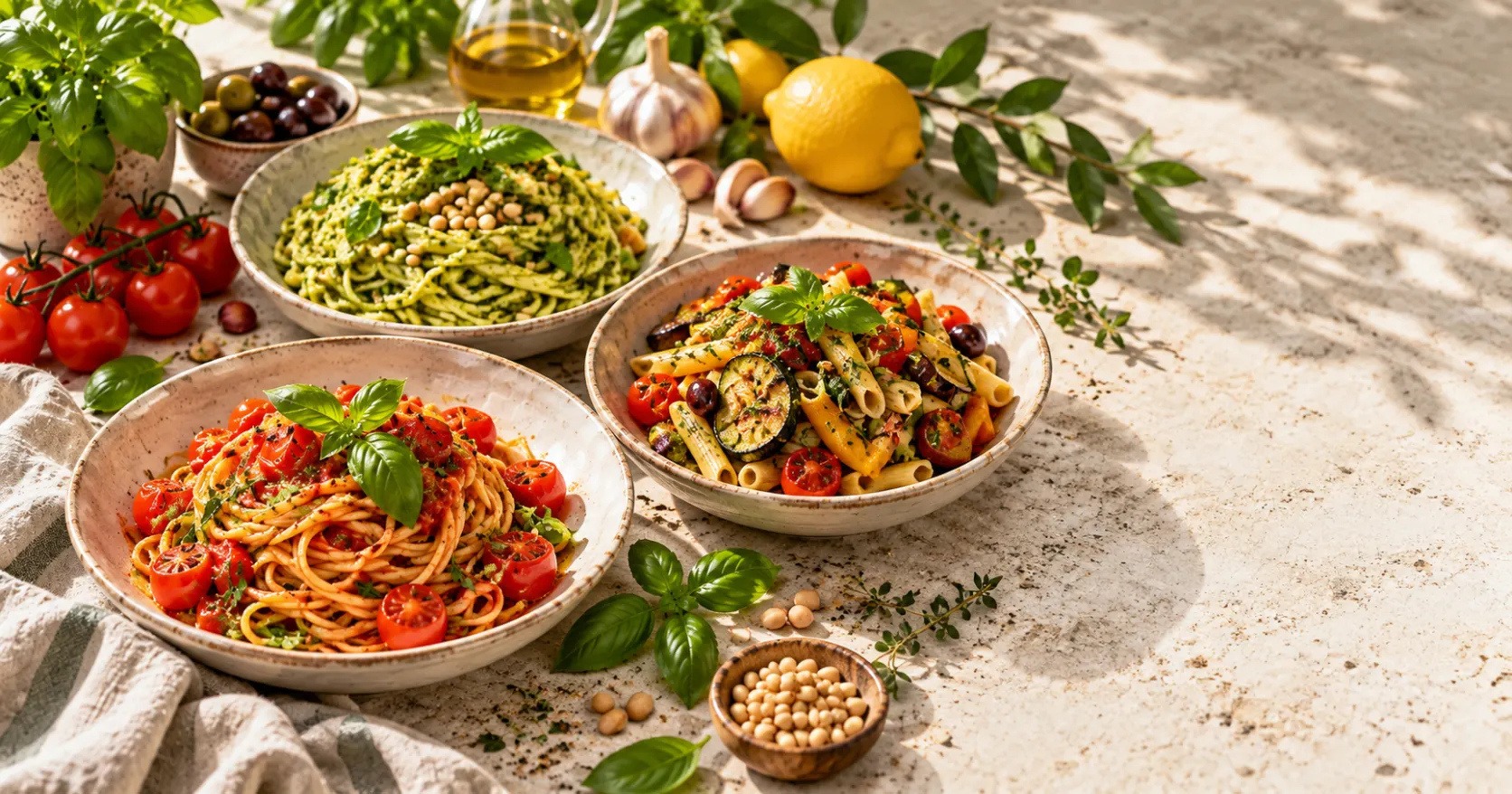 Vegane italienische Pasta mit Tomaten, Gemüse und Kräutern