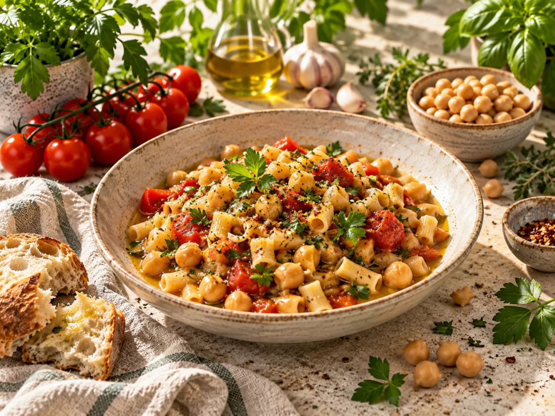 Vegane Pasta mit Kichererbsen und Tomaten