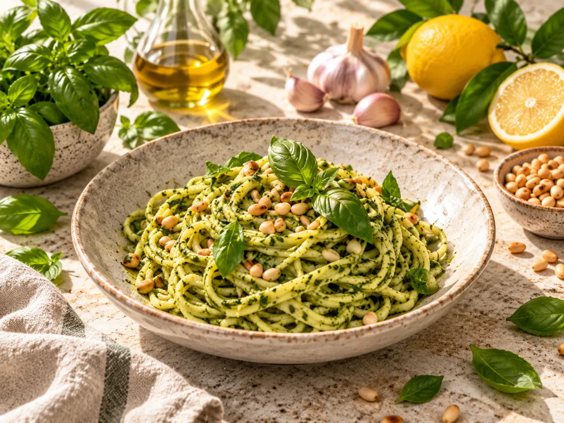 Vegane Pasta mit Kräuterpesto und Pinienkernen