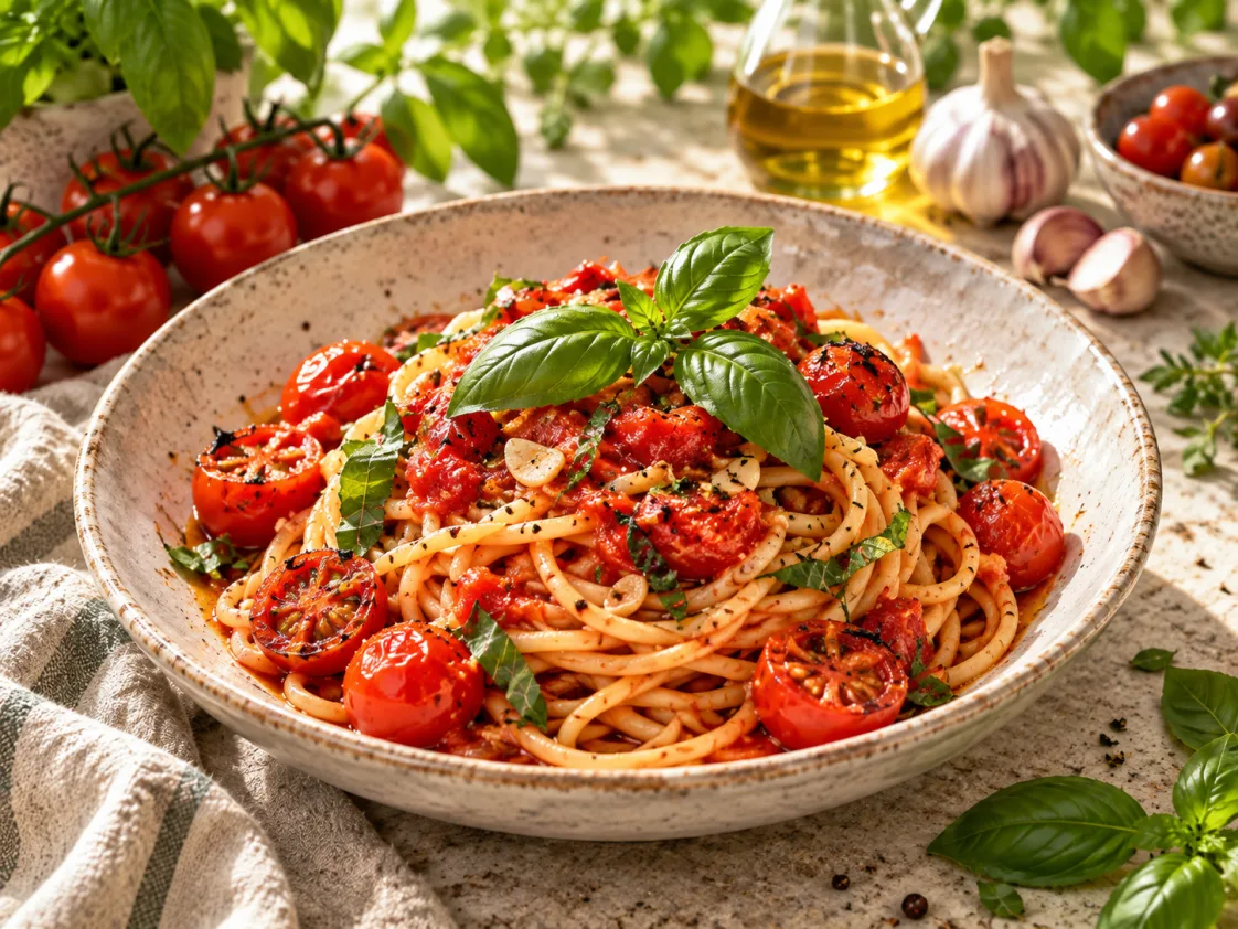 Vegane Spaghetti mit Tomaten, Knoblauch und Basilikum