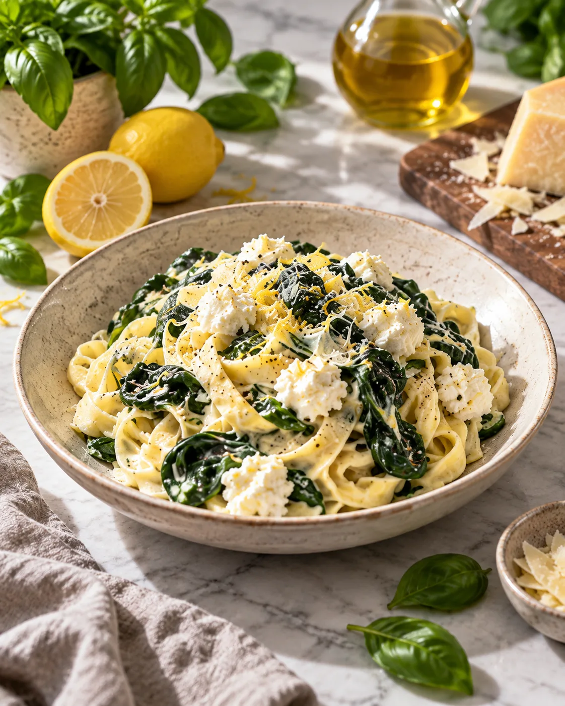 Cremige Tagliatelle mit Spinat, Ricotta und Zitrone