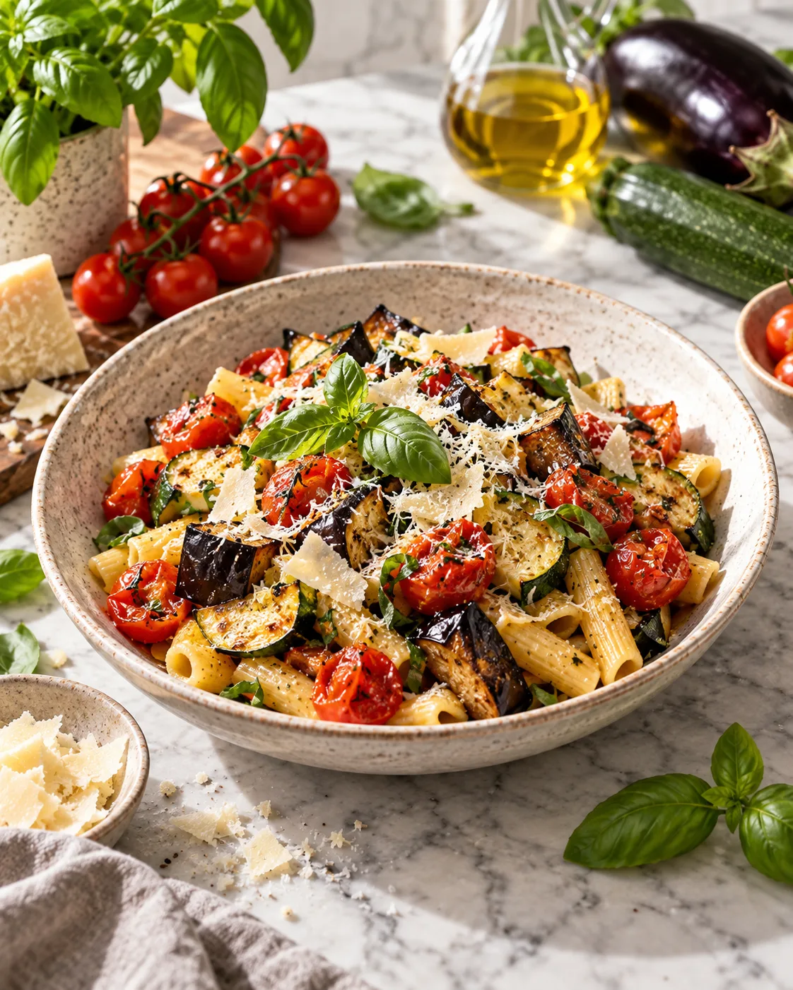 Vegetarische Pasta mit Aubergine, Zucchini und Parmesan