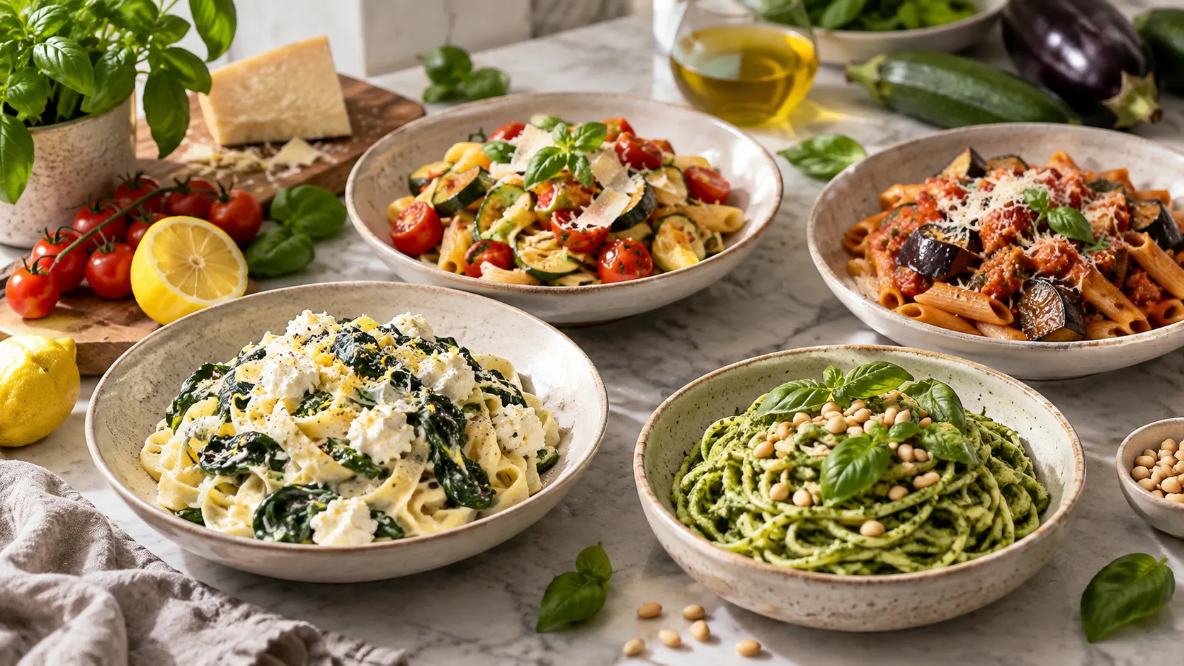 Vegetarische italienische Pasta mit Gemüse, Pesto und Spinat