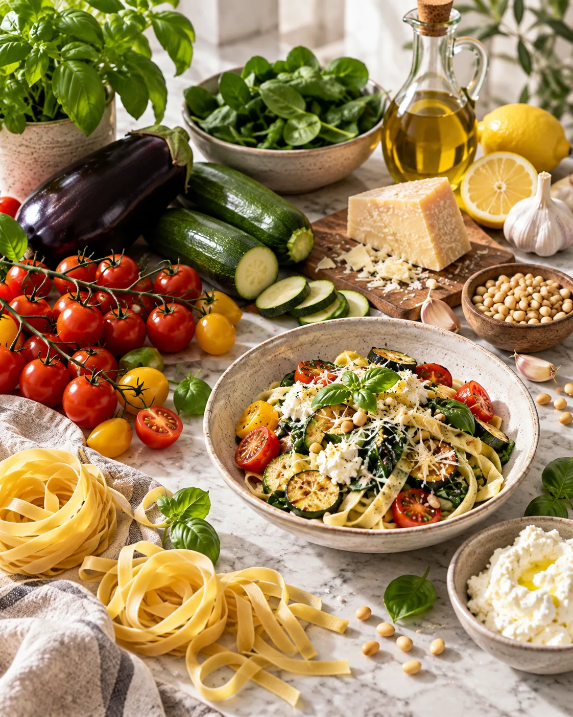 Vegetarische Pasta mit frischem Gemüse und italienischen Zutaten