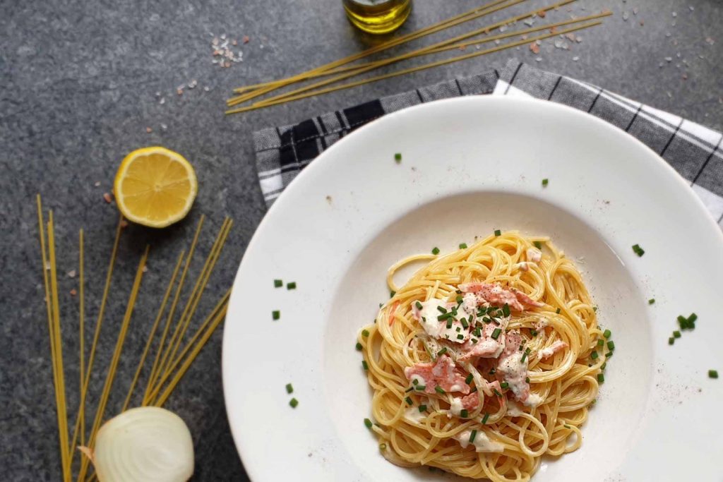 Pasta with smoked salmon in mustard cream sauce