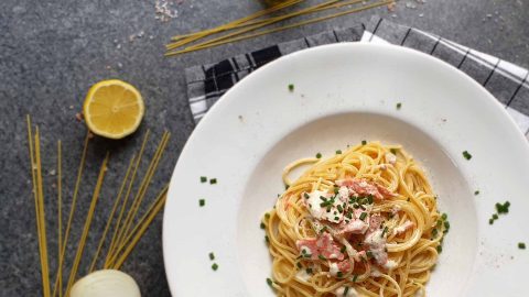 Pasta with smoked salmon in mustard cream sauce