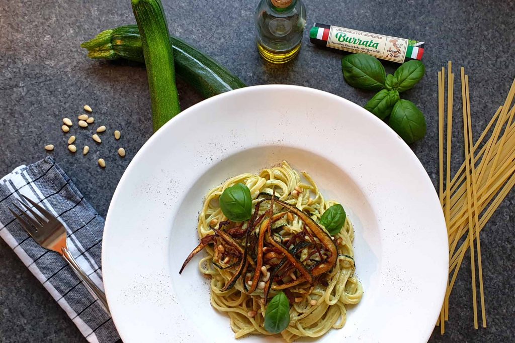 Creamy burrata pasta with zucchini strips