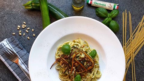 Creamy burrata pasta with zucchini strips