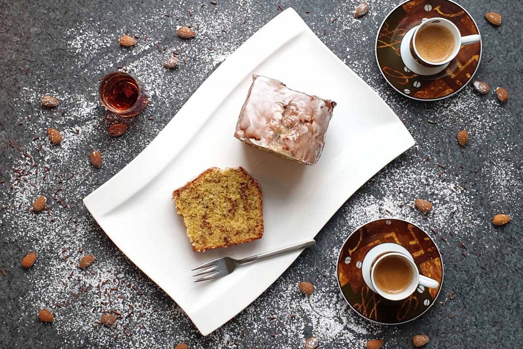 Italian almond cake with amaretto icing