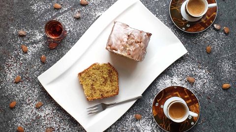 Italian almond cake with amaretto icing