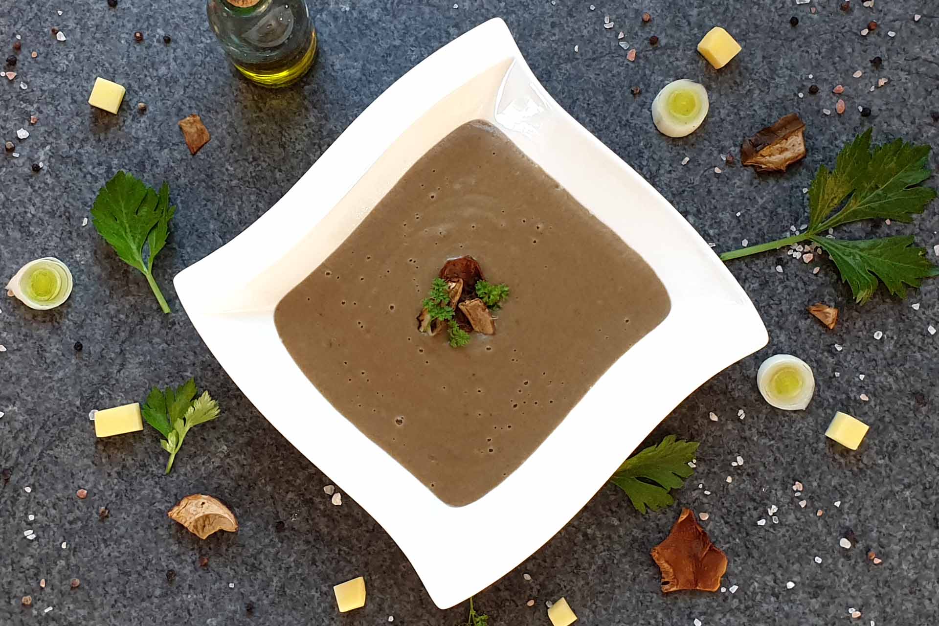 Porcini mushroom soup with potatoes and leeks