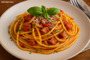 Spaghetti alla chitarra mit Tomaten und Pancetta