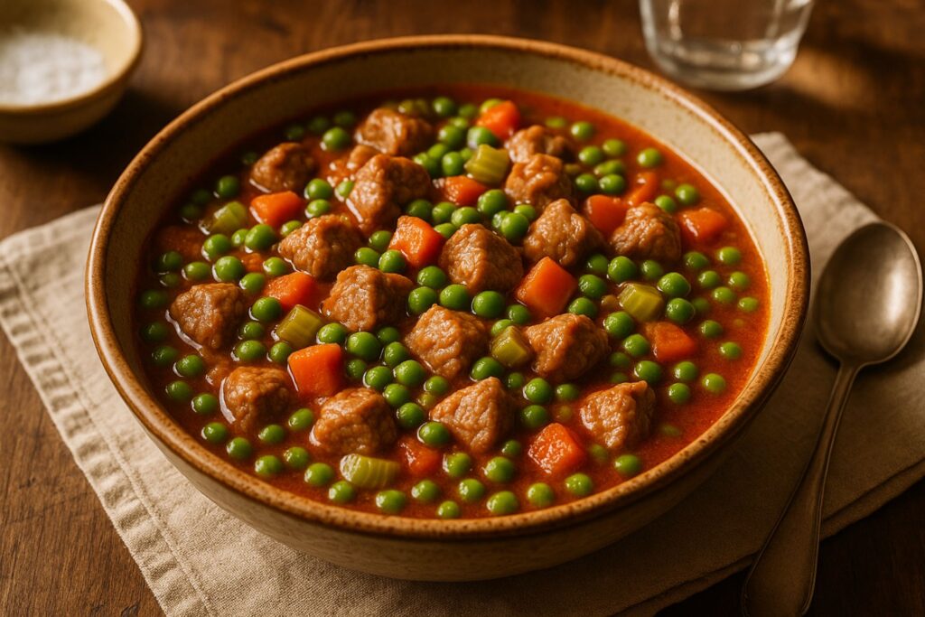 Kalbsragout mit Erbsen in Tomatensauce
