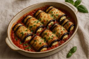 Auberginenröllchen mit Ricotta in Tomatensoße