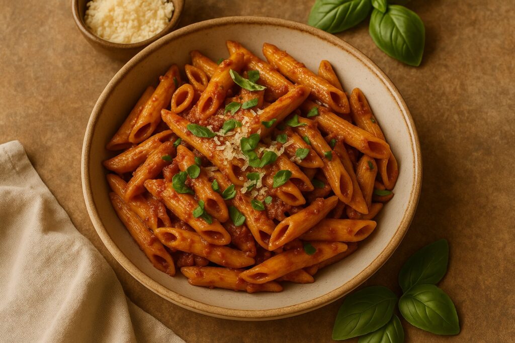 Pasta mit Pesto aus getrockneten Tomaten