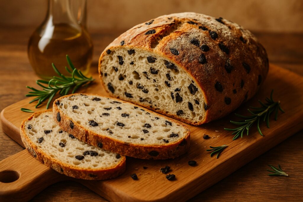 Weißbrot mit schwarzen Oliven