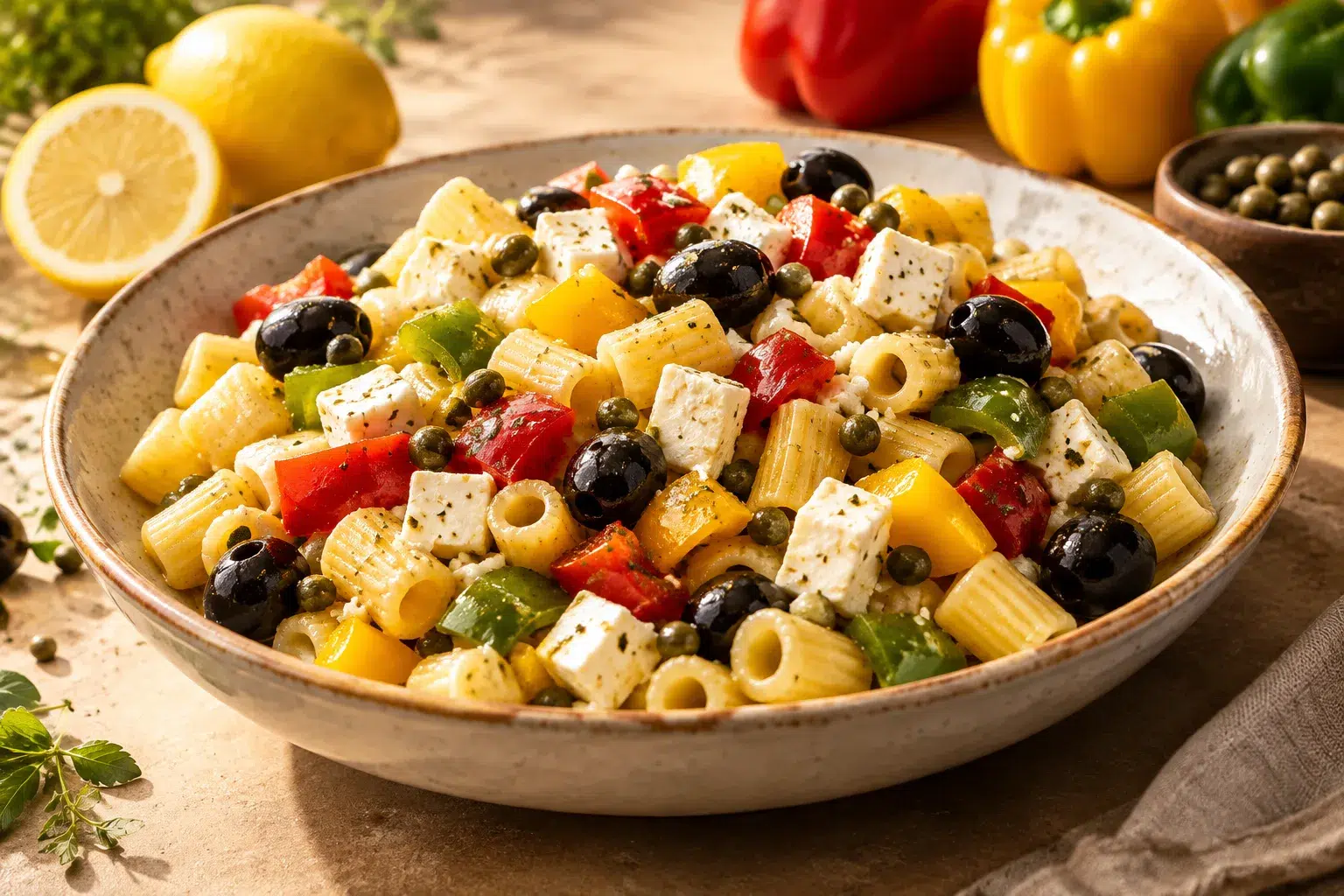 Nudelsalat mit Feta und Paprika