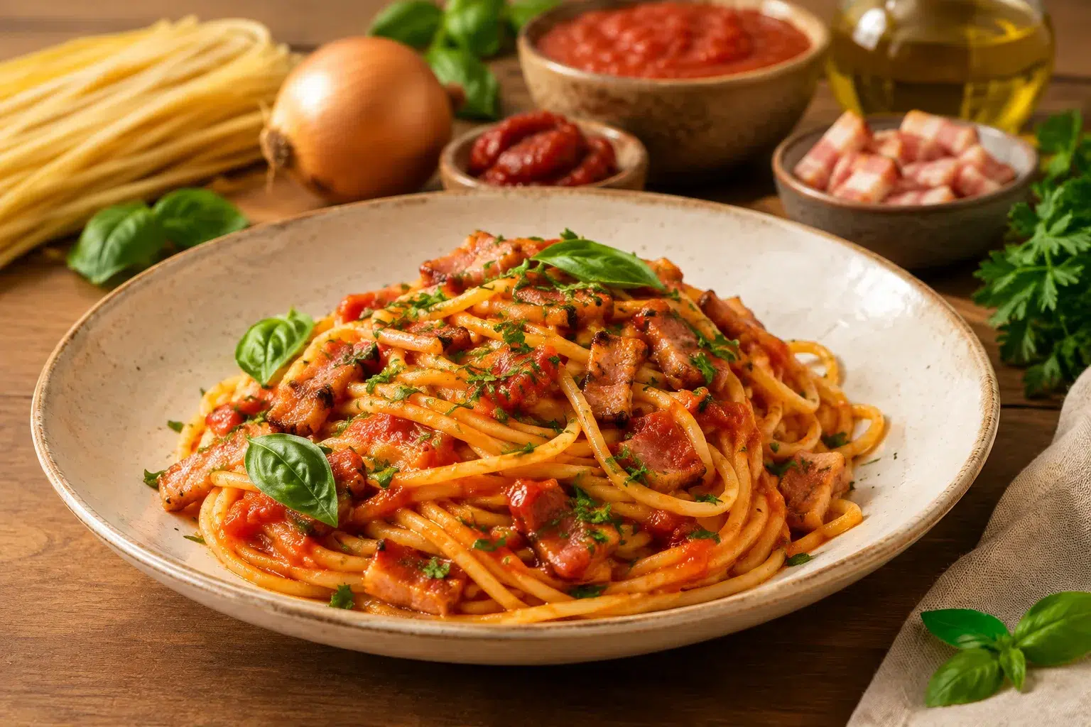 Spaghetti alla chitarra mit Tomaten und Pancetta